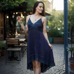 Miss Me ✦ Navy Lace Trim Rayon Dress ✦ Adjustable Straps Asymmetrical High-Low S